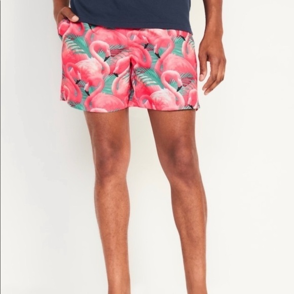NWT Old Navy Mens 5” Swim Trunks Pink Flamingos Tropical Print Sz 3XL - Picture 1 of 16